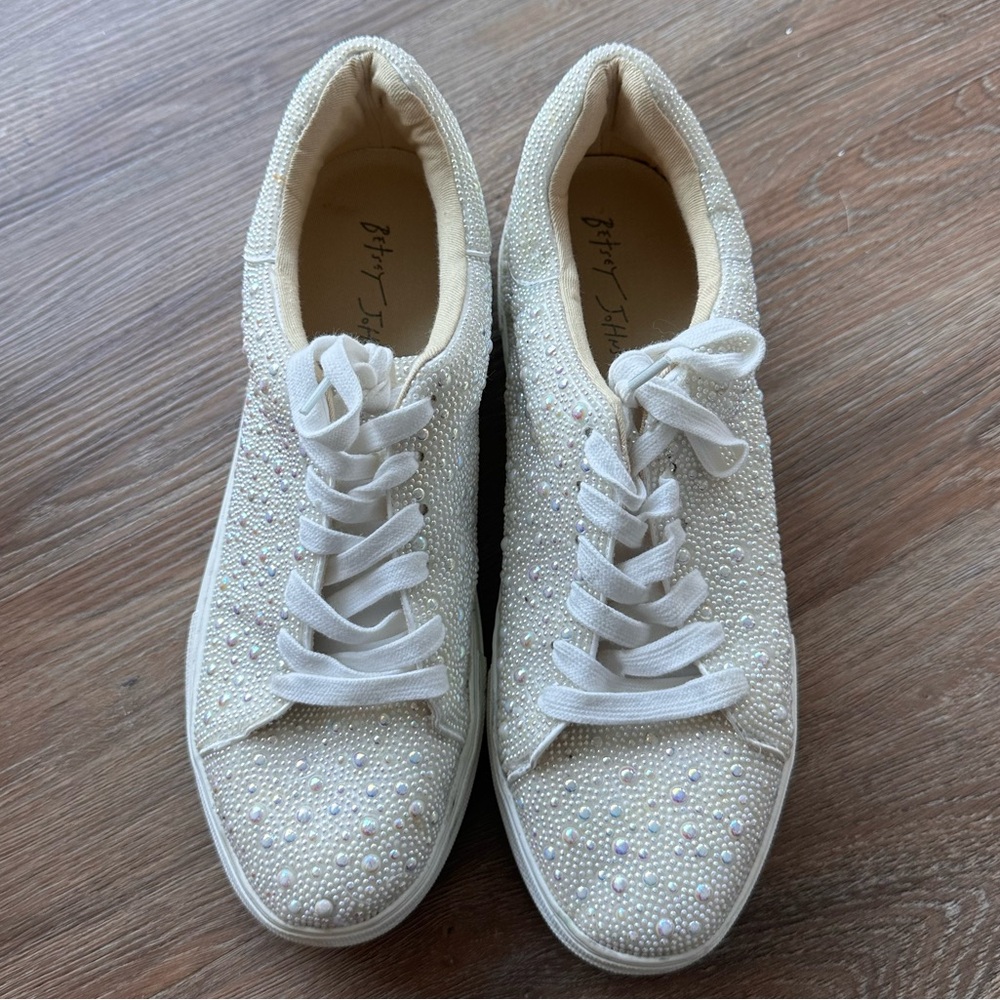 Betsey Johnson White Beaded Sneakers, wedding shoes, bridal, bride shoes!
